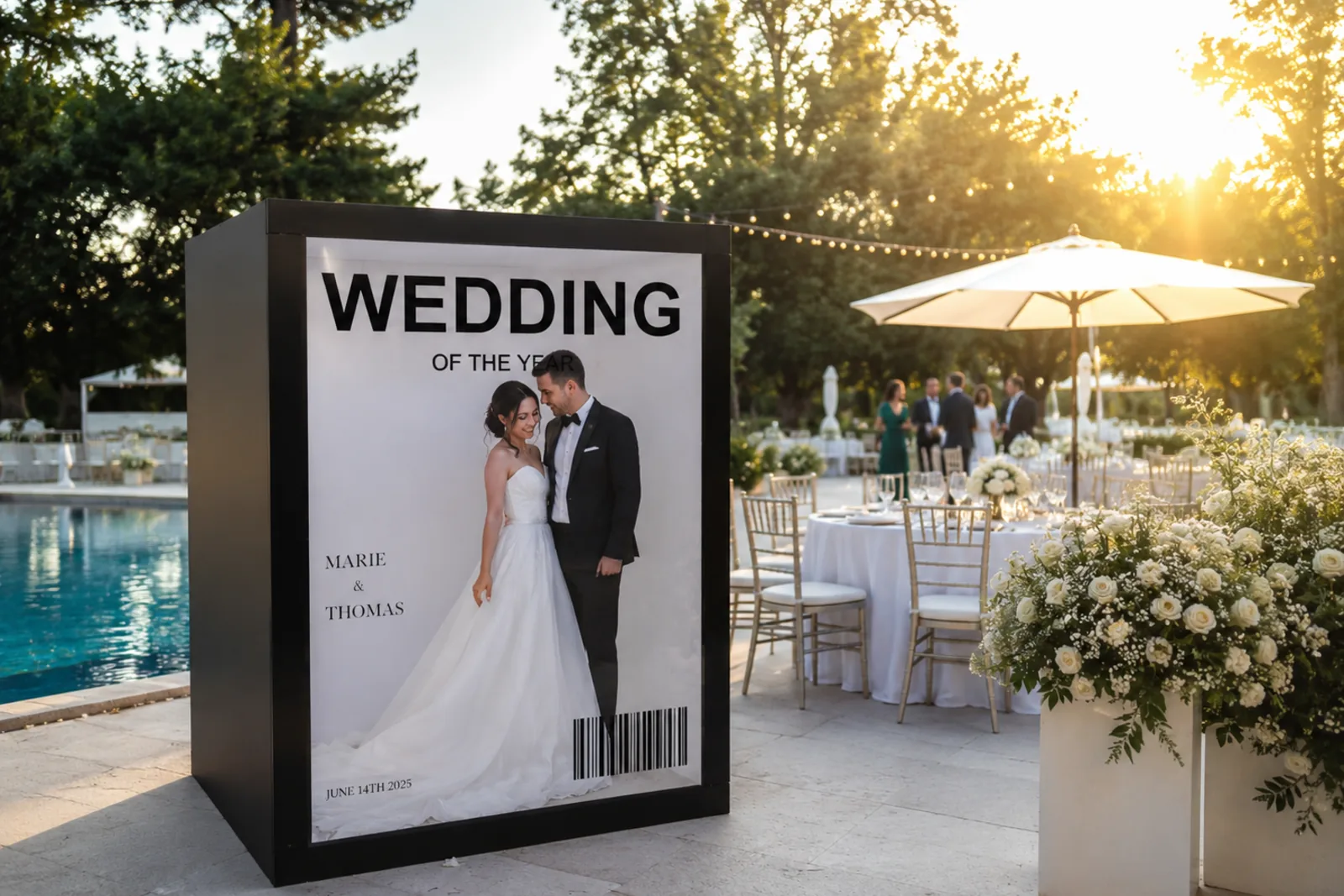Mariage en extérieur — Magazine Box installé au bord de la piscine