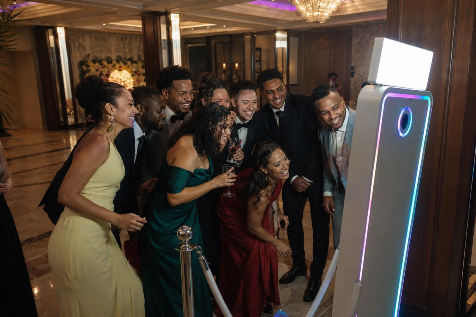 Invités posant en groupe devant la borne photo lors d'un mariage